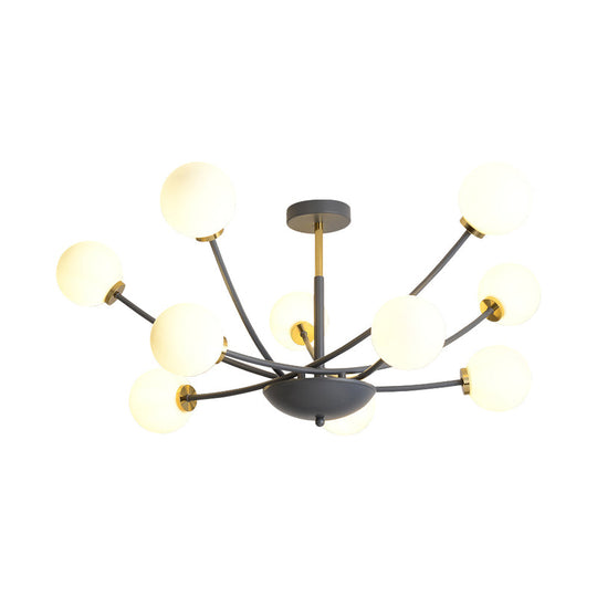 Modern Black Orb Semi Flushmount Light With 10 Bulbs & White Glass Led Sputnik Ceiling Mount