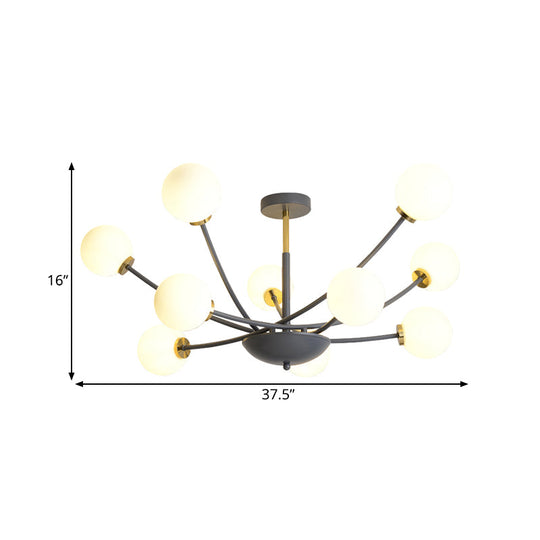 Modern Black Orb Semi Flushmount Light With 10 Bulbs & White Glass Led Sputnik Ceiling Mount