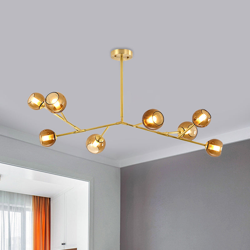 Modern 8-Bulb Brass Chandelier Ceiling Light with Amber Glass Shades