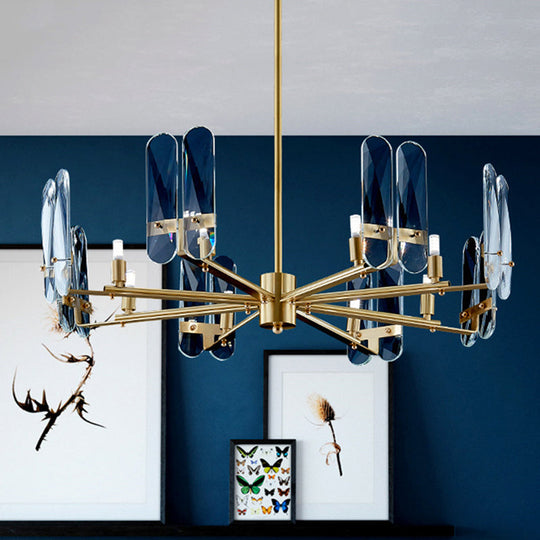 Blue Glass Oval Panel Ceiling Light: Postmodern Brass LED Chandelier Lamp with Radial Design