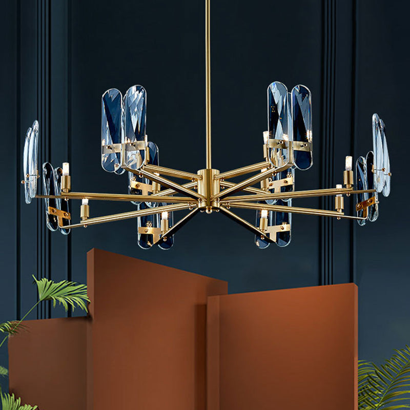 Blue Glass Oval Panel Ceiling Light: Postmodern Brass LED Chandelier Lamp with Radial Design