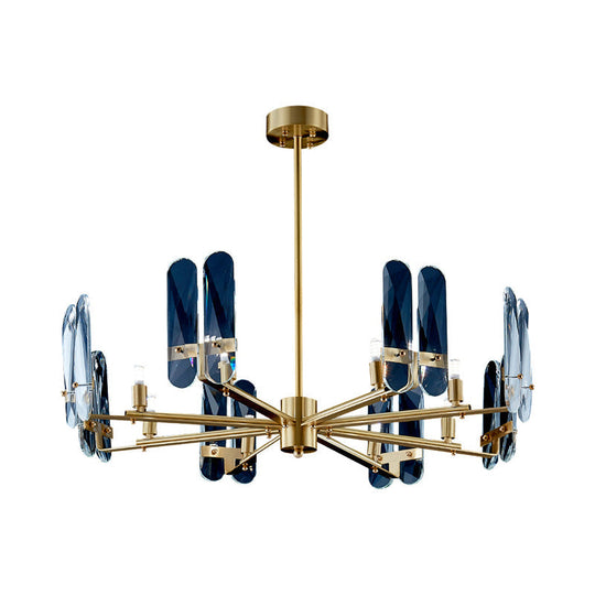 Blue Glass Oval Panel Ceiling Light: Postmodern Brass LED Chandelier Lamp with Radial Design