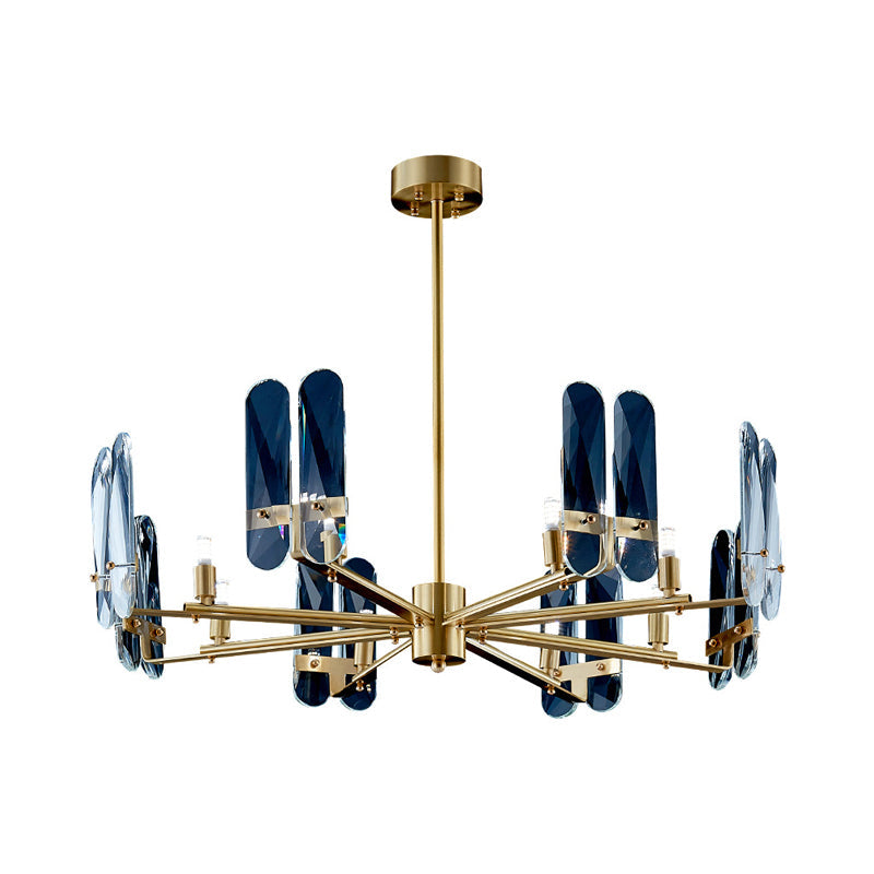 Blue Glass Oval Panel Led Chandelier Lamp With Radial Design - Postmodern 8 Bulbs Brass Hanging