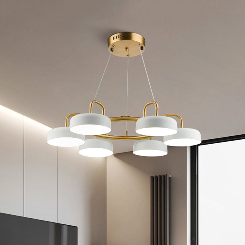 Modern 6-Head LED Chandelier: Metallic Drum Pendant in White & Gold