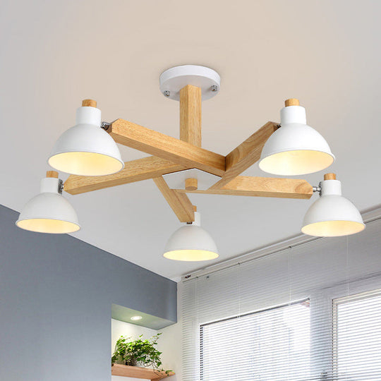 Modern Wood Spiral Semi Flush Mount Ceiling Lamp with 5 White Lights and Metal Cone Shade