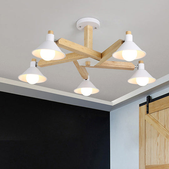 Modern Wood Spiral Semi Flush Mount Ceiling Lamp with 5 White Lights and Metal Cone Shade