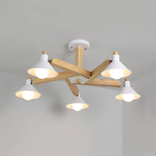 Modern Wood Spiral Semi Flush Mount Ceiling Lamp with 5 White Lights and Metal Cone Shade