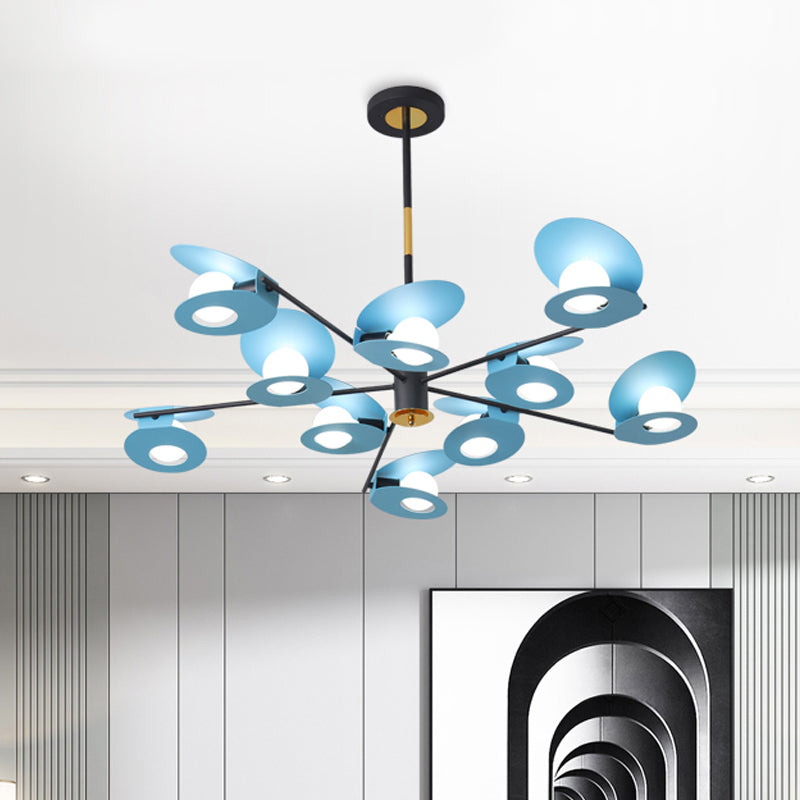 Contemporary Blue Disk Suspension Light Chandelier With 10 Bulbs - Modern Metallic Lamp For Living