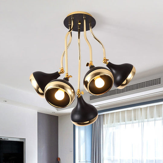 Black and Gold Onion Living Room Semi Flushmount Ceiling Light with 5-Bulbs & Wave Arm