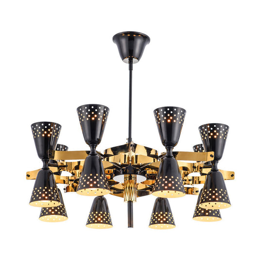 Postmodern 16-Light Iron Hourglass Chandelier - Gold and Black