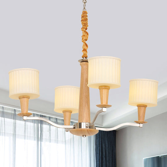 Modern Beige Radial Chandelier with Cream Glass Drum Shade and 4 Wooden Heads