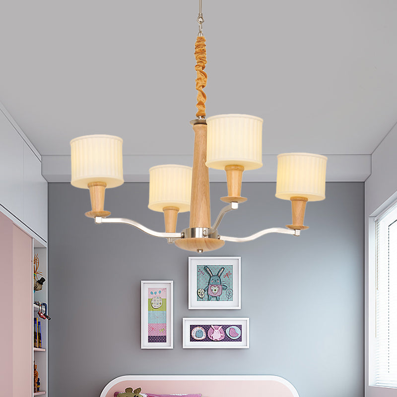 Modern Beige Radial Ceiling Chandelier - 4-Head Wood Hanging Fixture With Cream Glass Shade