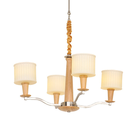 Modern Beige Radial Chandelier with Cream Glass Drum Shade and 4 Wooden Heads