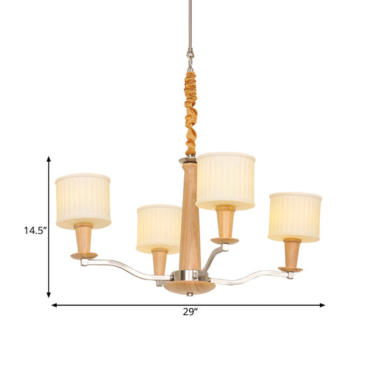 Modern Beige Radial Chandelier with Cream Glass Drum Shade and 4 Wooden Heads