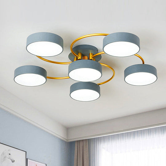 Sleek Nordic Grey Led Ceiling Lamp With Gold Spiral Arm - Small Drum Iron Semi Flush Light Fixture