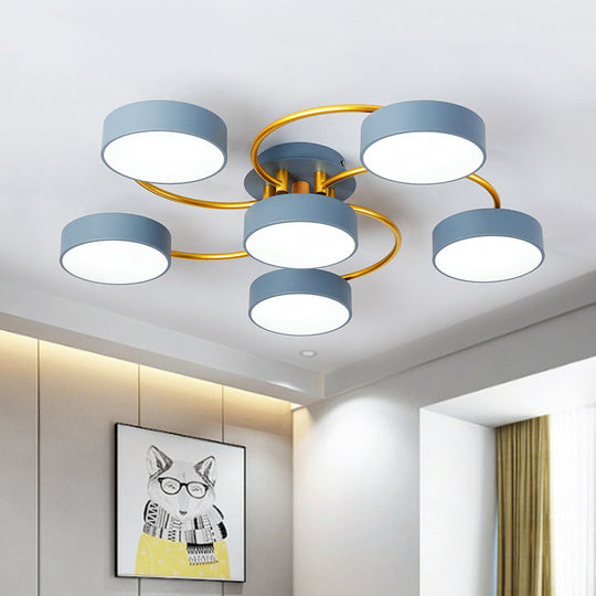 Sleek Nordic Grey LED Ceiling Lamp with Gold Spiral Arm - Small Drum Iron Semi Flush Light Fixture (6 Heads)