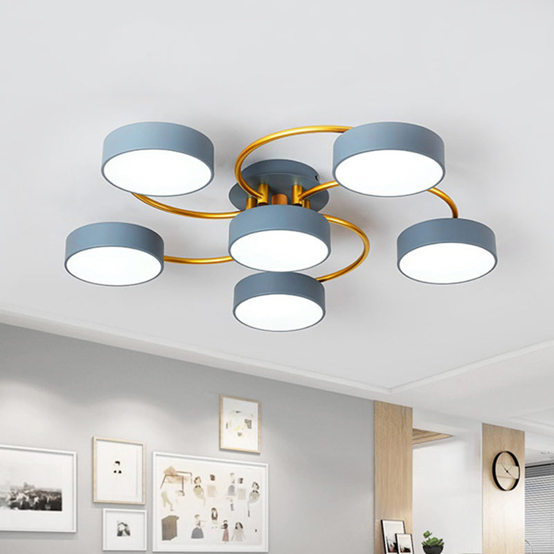 Sleek Nordic Grey LED Ceiling Lamp with Gold Spiral Arm - Small Drum Iron Semi Flush Light Fixture (6 Heads)