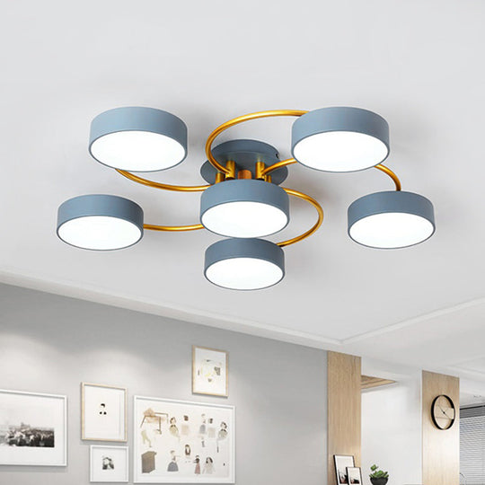 Sleek Nordic Grey LED Ceiling Lamp with Gold Spiral Arm - Small Drum Iron Semi Flush Light Fixture (6 Heads)