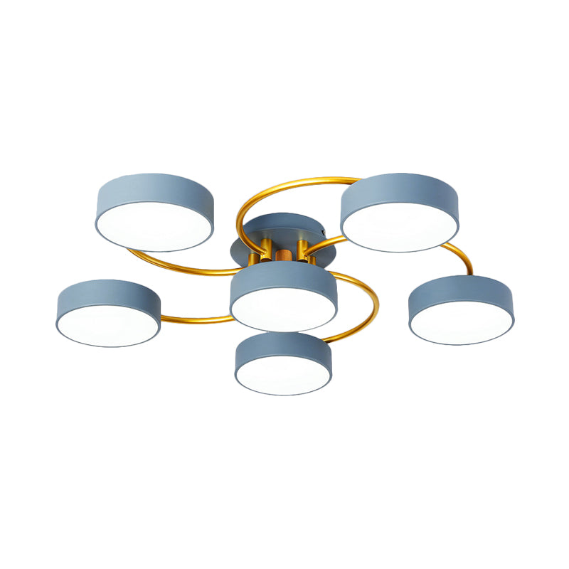 Sleek Nordic Grey LED Ceiling Lamp with Gold Spiral Arm - Small Drum Iron Semi Flush Light Fixture (6 Heads)