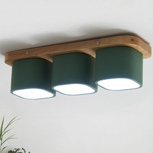 Plafonnier encastré en fer à 3 ampoules Simplicity avec auvent en bois - Design carré vert avec lumière chaude/blanche