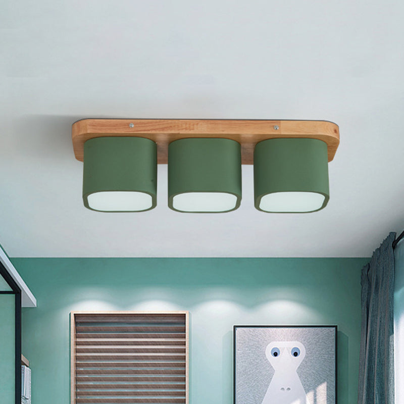 Simplicity 3-Bulb Iron Flush Mount Ceiling Fixture With Wooden Canopy - Green Square Design In