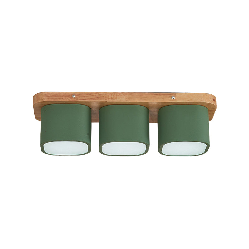 Plafonnier encastré en fer à 3 ampoules Simplicity avec auvent en bois - Design carré vert avec lumière chaude/blanche