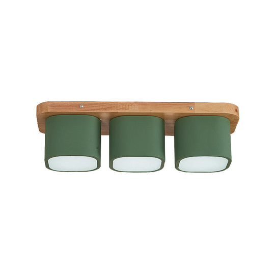 Plafonnier encastré en fer à 3 ampoules Simplicity avec auvent en bois - Design carré vert avec lumière chaude/blanche