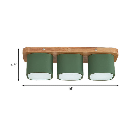 Simplicity 3-Bulb Iron Flush Mount Ceiling Fixture With Wooden Canopy - Green Square Design In