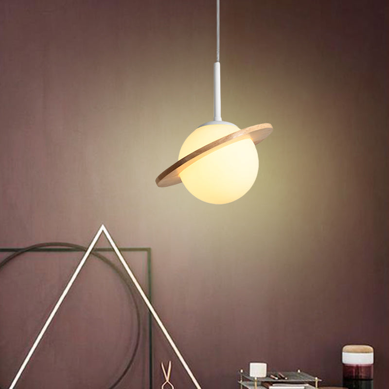 White Glass Bedside Pendant Lamp With Wood Ring - Simple Global Design