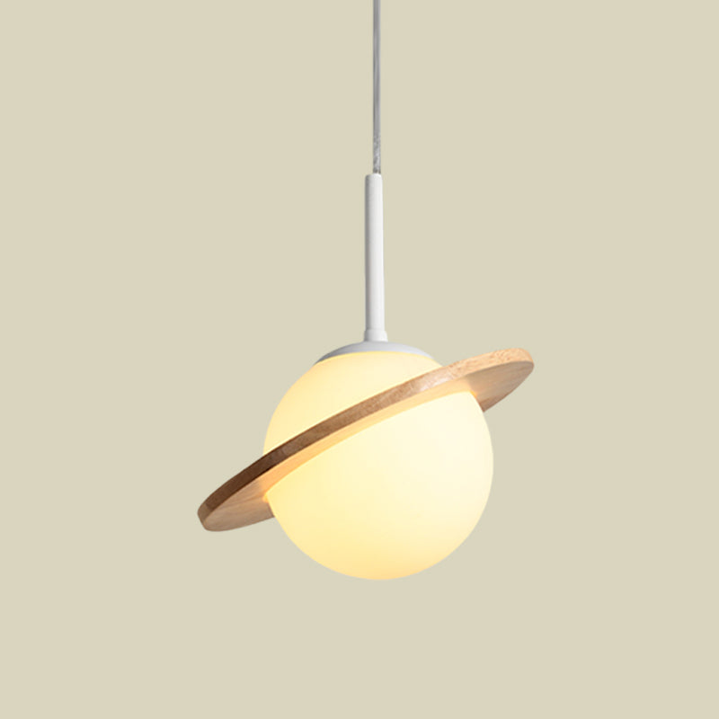 White Glass Bedside Pendant Lamp With Wood Ring - Simple Global Design