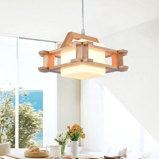 White Glass Cube Pendant Lamp - Asian Style With Wood Squared Frame