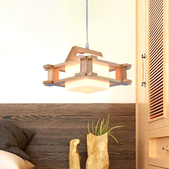 White Glass Cube Pendant Lamp - Asian Style With Wood Squared Frame