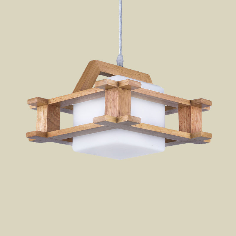 White Glass Cube Pendant Lamp - Asian Style With Wood Squared Frame