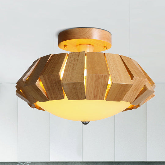 Geometric Wood LED Flush Mount Spotlight with White Glass Shade