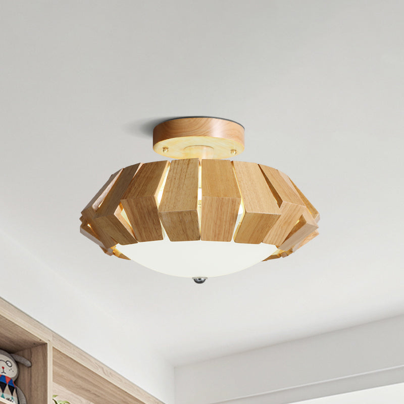 Geometric Wood LED Flush Mount Spotlight with White Glass Shade