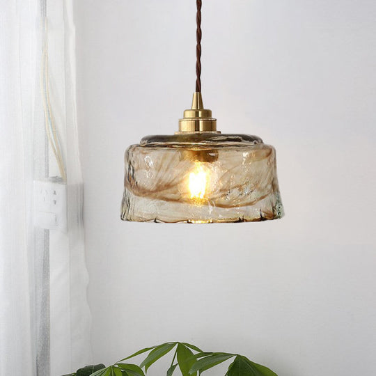 Amber Rippled Glass Bowl Drop Pendant Lamp - Modern 1-Light Gold Ceiling Light