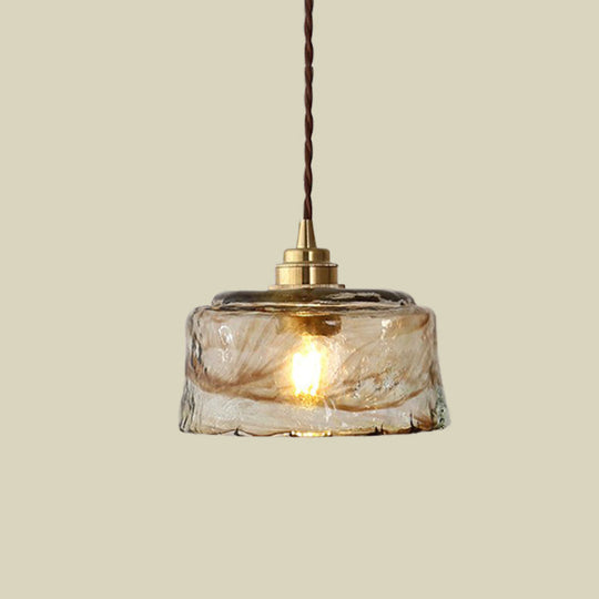 Amber Rippled Glass Pendant Lamp - Modern Bowl Drop Design With 1 Light Gold Finish