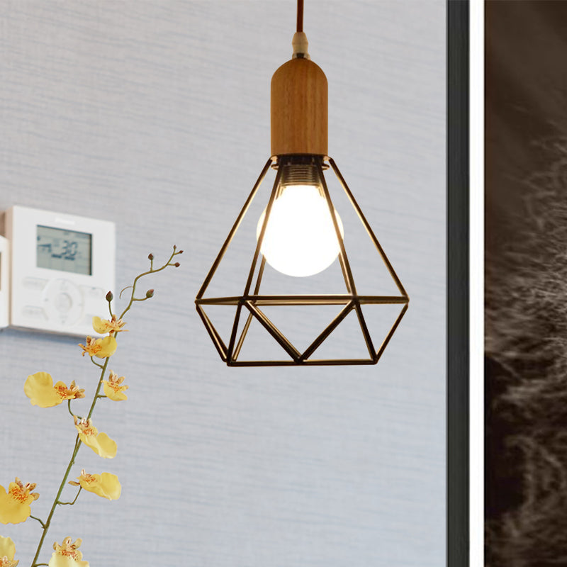 Industrial Metal and Wood Pendant Light with Cage Shade in Black - Saucer/Polygon/Diamond Shape