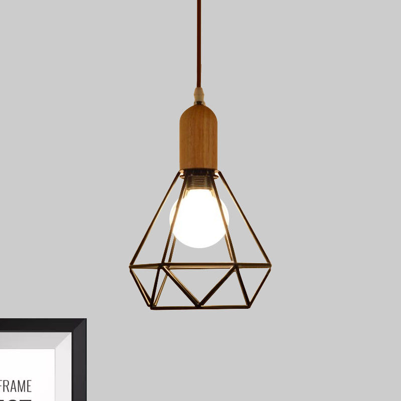 Industrial Metal and Wood Pendant Light with Cage Shade in Black - Saucer/Polygon/Diamond Shape