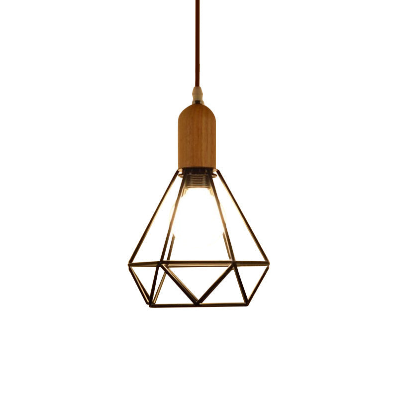 Industrial Metal and Wood Pendant Light with Cage Shade in Black - Saucer/Polygon/Diamond Shape