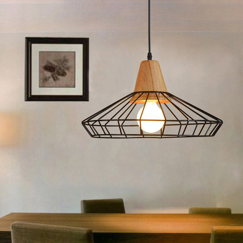 Black Metal & Wood Pendant Light Fixture - Industrial Style / Saucer