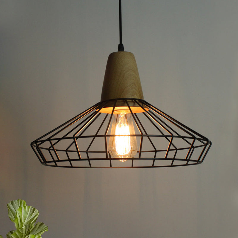 Industrial Metal and Wood Pendant Light with Cage Shade in Black - Saucer/Polygon/Diamond Shape