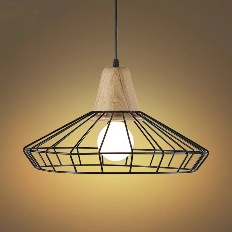 Industrial Metal and Wood Pendant Light with Cage Shade in Black - Saucer/Polygon/Diamond Shape