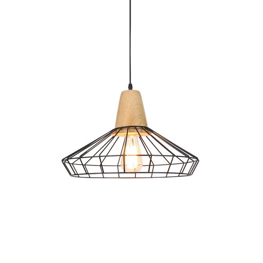 Industrial Metal and Wood Pendant Light with Cage Shade in Black - Saucer/Polygon/Diamond Shape