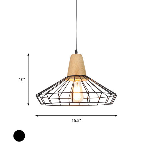 Industrial Metal and Wood Pendant Light with Cage Shade in Black - Saucer/Polygon/Diamond Shape