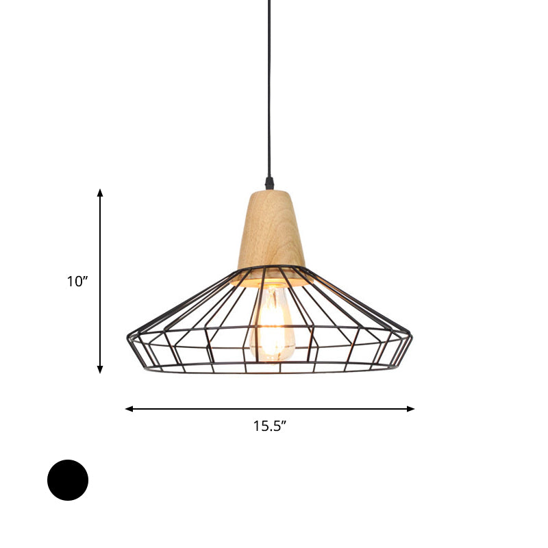 Black Metal & Wood Pendant Light Fixture - Industrial Style