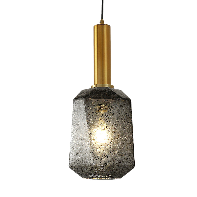 Smoke Gray Glass Bedside Pendant Lighting - Industrial Brass Hanging Ceiling Lamp