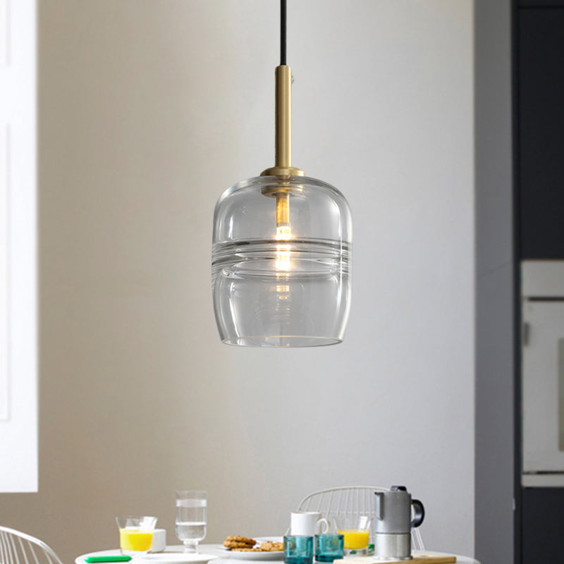 Minimalist Ruffle Pendant Light in Clear/Smoke Gray Glass - Bedside Hanging Lamp Fixture, Brass Finish