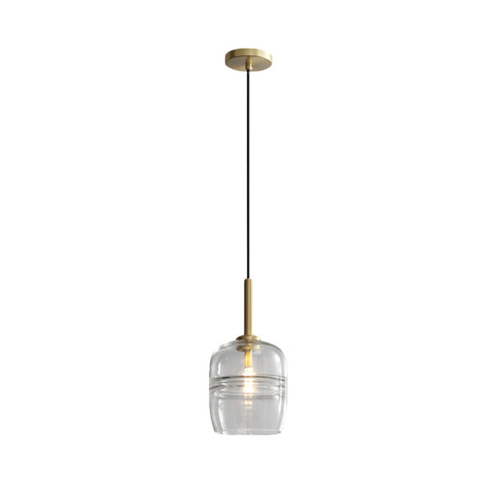 Minimalist Ruffle Pendant Light in Clear/Smoke Gray Glass - Bedside Hanging Lamp Fixture, Brass Finish