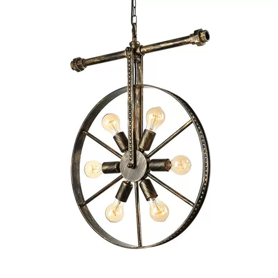 Farmhouse Style Wrought Iron Pendant Light Fixture - 6-Light Round with Wheel Design | Bronze Ceiling Décor